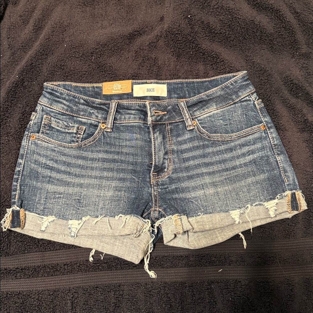 BKE Frayed Hem Denim Shorts - Blue